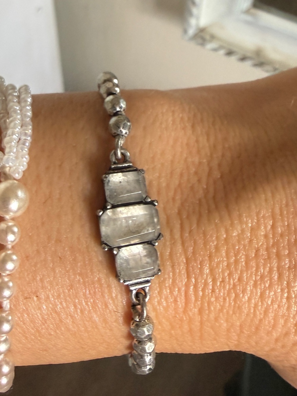 Vintage Crystal Sterling Delicate Silver Beaded tennis Bracelet